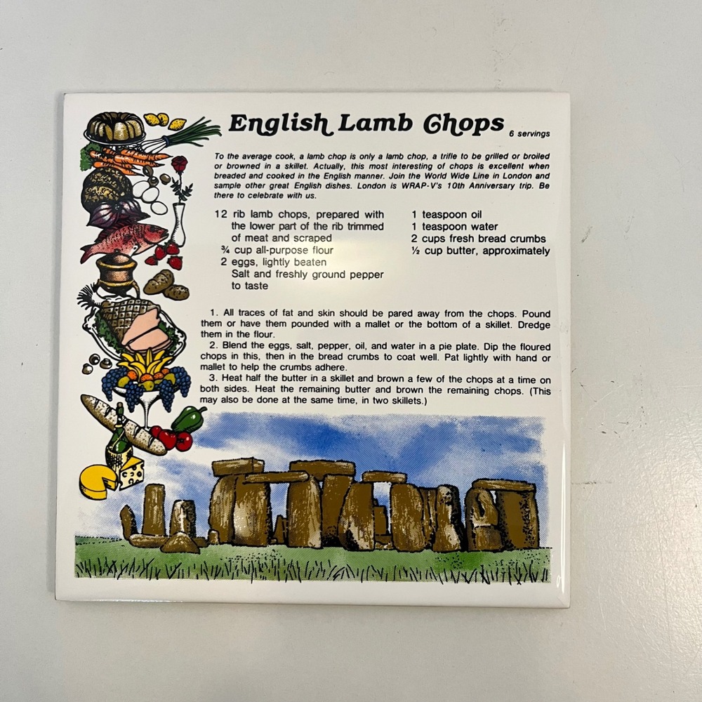Vintage English Lamb Chops Recipe Ceramic Trivet Stonehenge London 6x6 Tile